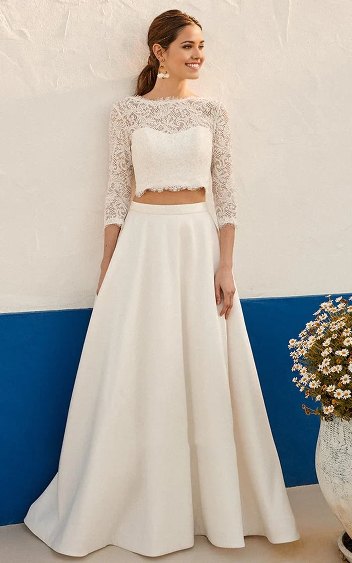 Vestido de novia de dos piezas con encaje, joya, mangas 3/4, largo hasta el suelo y fruncido